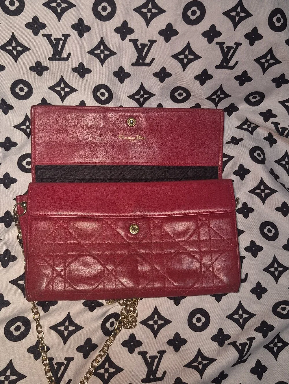 Vintage Authentic Dior Red Quilted Chain Wallet